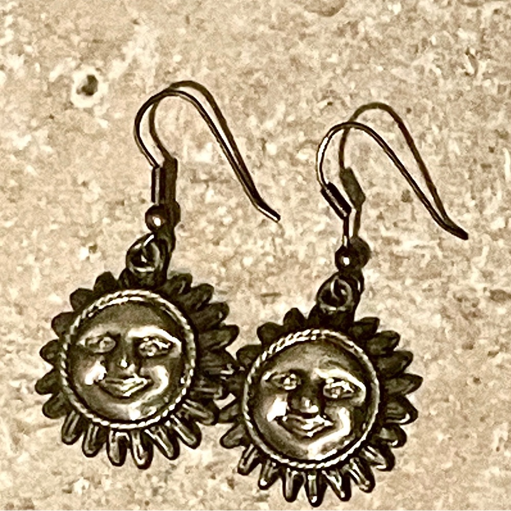 Vintage pewter Sun French hook earrings and Crescent Moon French hook earrings - Picture 2 of 7